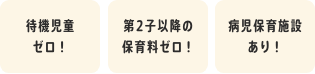 待機児童ゼロ！　2歳児までの保育料ゼロ！　病児保育施設あり！